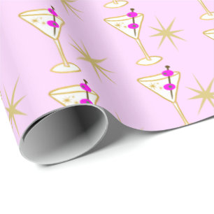 Papier Cadeau Retro Martini Cocktail Verre Festif Rose Olive