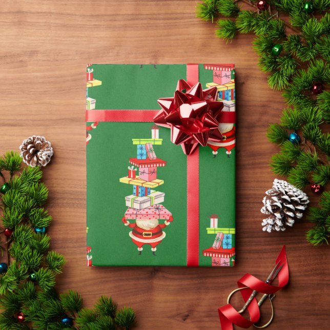 Papier Cadeau Retro mi-siècle Noël Père Noël avec cadeaux (Cadeau de vacances)