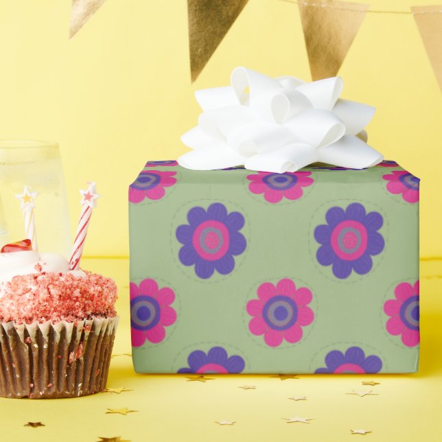Papier Cadeau Retro Mid-mod Floral Vibrant Pink Purple & Green (Fête d'anniversaire)