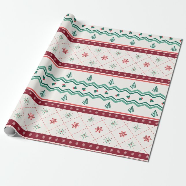 Papier Cadeau Retro Mid Mod Noël Motifs Olive Red Creme (Déroulé)