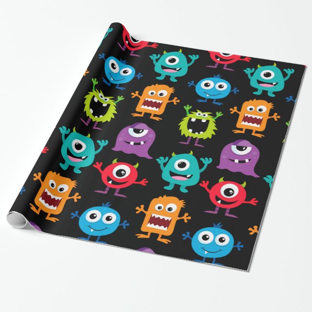 Papier Cadeau Rétro motif mignon de monstre (Déroulé)