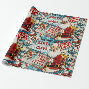 Papier Cadeau Retro Noël Vintage : Voici le Père Noël