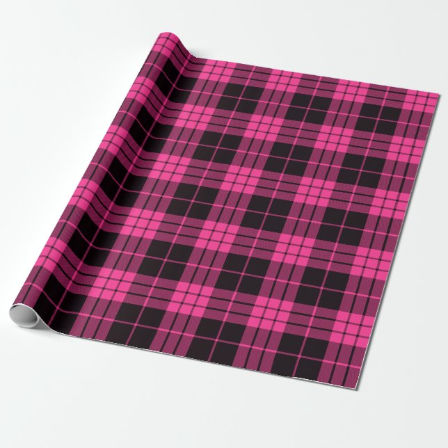 Papier Cadeau Rétro Noir Rose Noël Nouvel An Tartan Carreaux (Déroulé)