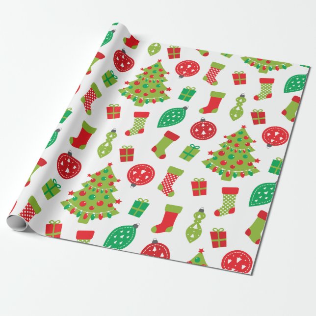 Papier Cadeau Retro Red Green sapin cadeau Motif Wrappi (Déroulé)