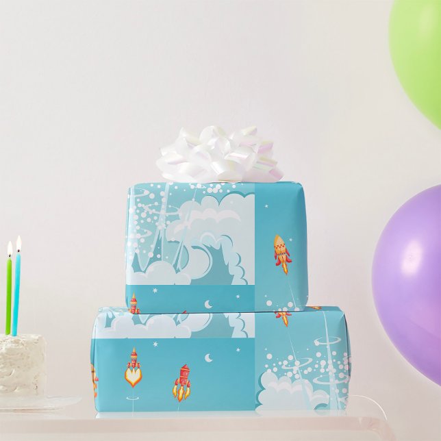 Papier Cadeau Retro Rocket Navire Lancement d'Art Spatial Futuri (Créateur téléchargé)