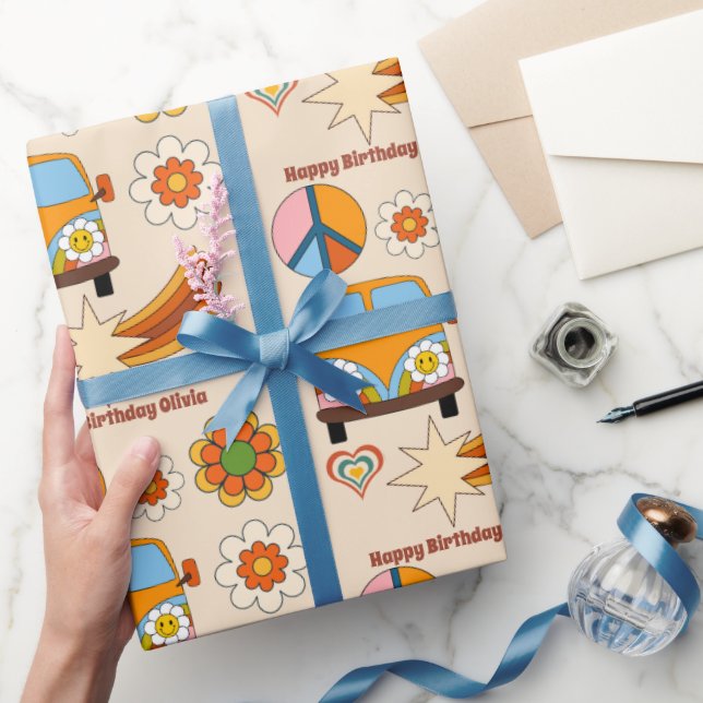 Papier Cadeau Retro super 70ies anniversaire boho personnalisé (Cadeaux)