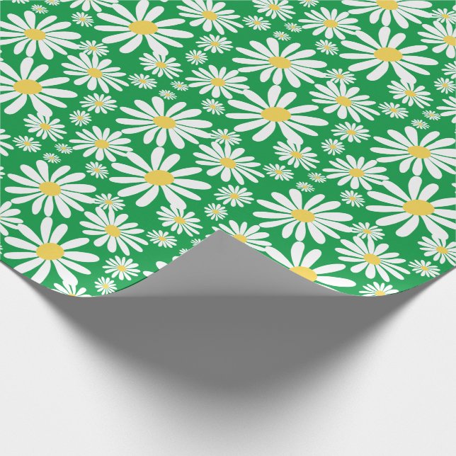 Papier Cadeau Retro Super Daisies Motif de printemps Kelly Green (Coin)