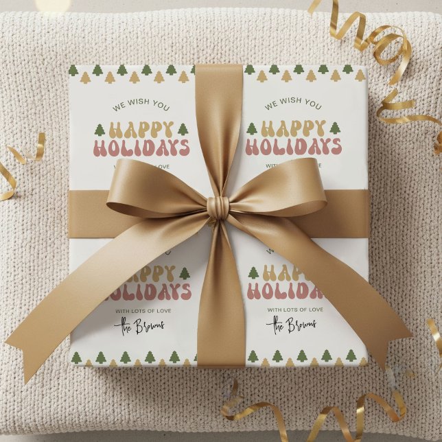 Papier Cadeau Retro Super Nom personnalisé Joyeux Fêtes Noël (Trendy retro Happy Holidays Gift Wrapping Paper with your custom name)