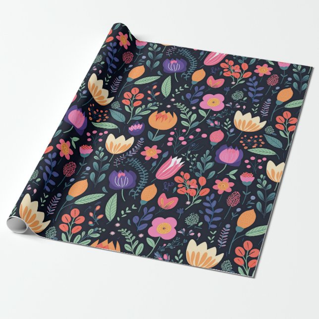 Papier Cadeau Retro Unique Bold Boho Style Whimsical Floral Gift (Déroulé)