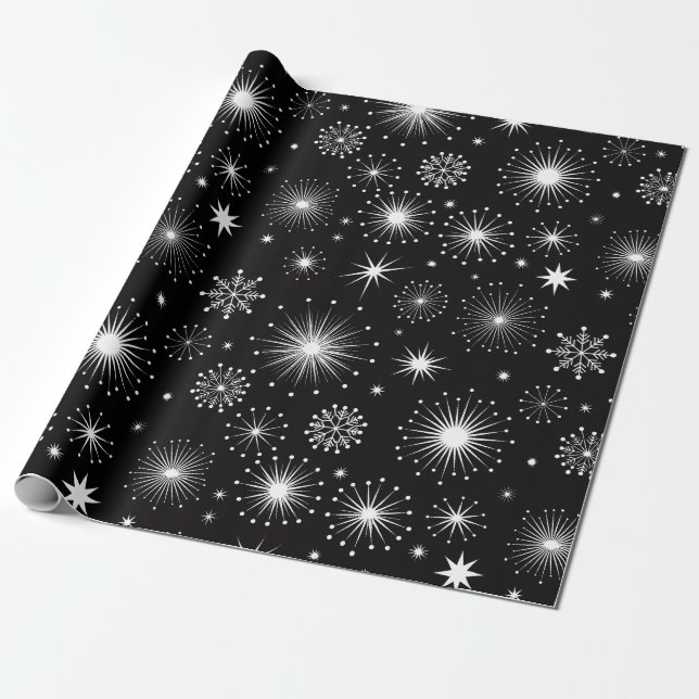 Papier Cadeau Retro Vintage Christmas Stars & Snowflakes (Déroulé)