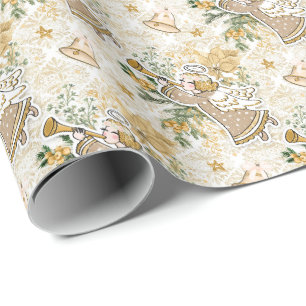 Papier Cadeau Retro Vintage Golden Christmas Angel & Horn