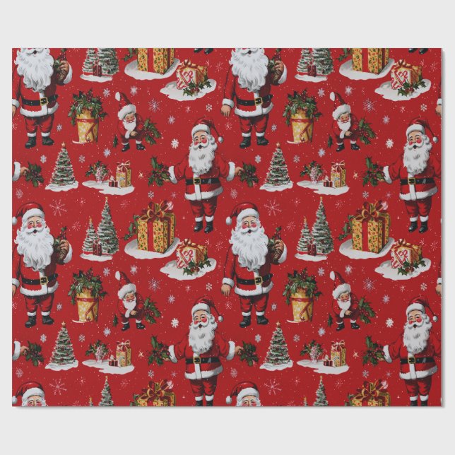 Papier Cadeau Retro Vintage Noël Festive Santas (Plat)