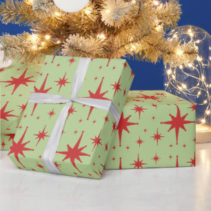 Papier Cadeau Retro Vintage Stars Rouge et Vert clair