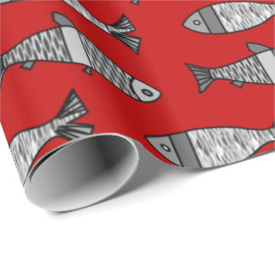 Papier Cadeau Rétros poissons modernes, rouge-foncé et gris/gr