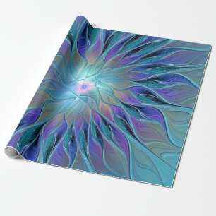 Papier Cadeau Rêve de fleur abstraite fractale violette bleue