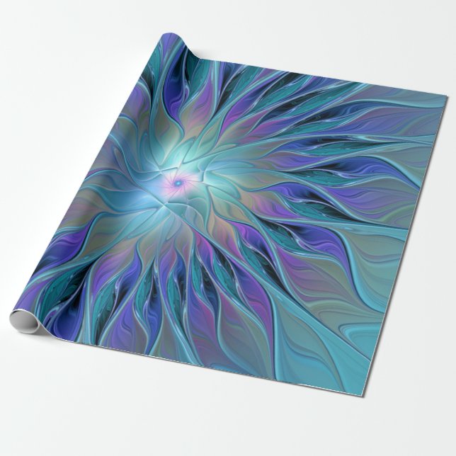 Papier Cadeau Rêve de fleur abstraite fractale violette bleue (Déroulé)