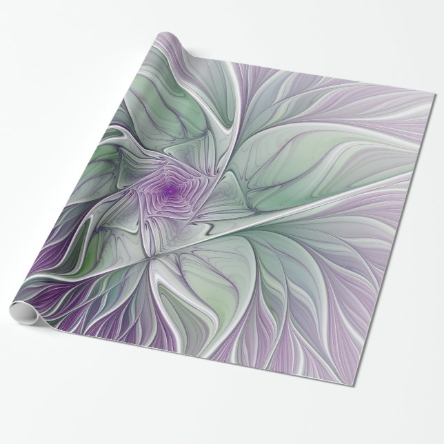 Papier Cadeau Rêve de fleurs, Abstrait violet vert Fractal Art (Déroulé)