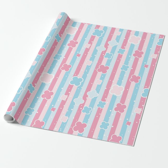 Papier Cadeau Révélation de genre Baby shower pastel bleu rayé r (Déroulé)
