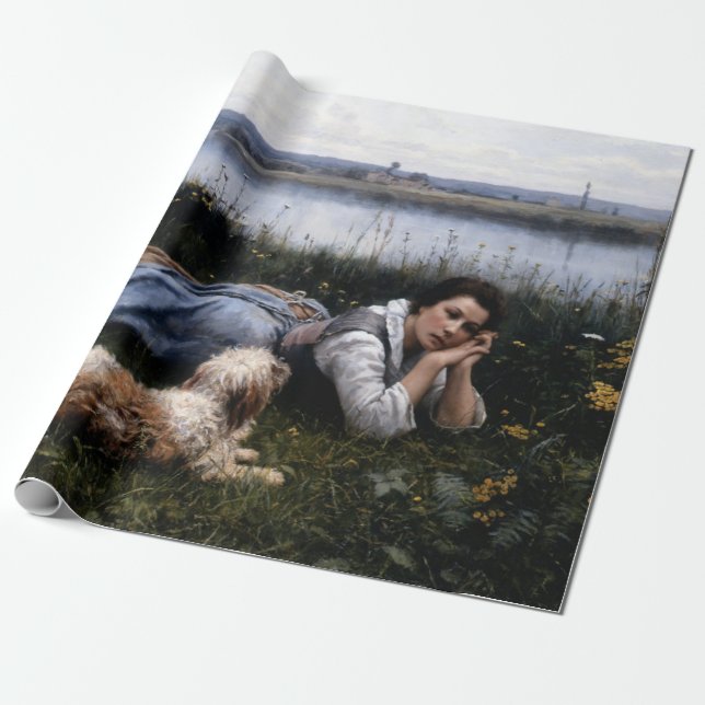 Papier Cadeau Reverie (Fille allongée sur l'herbe avec son chien (Déroulé)