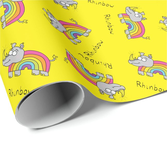 Papier Cadeau Rhino Rainbow Cute Kids Rhinoceros (Coin rond)