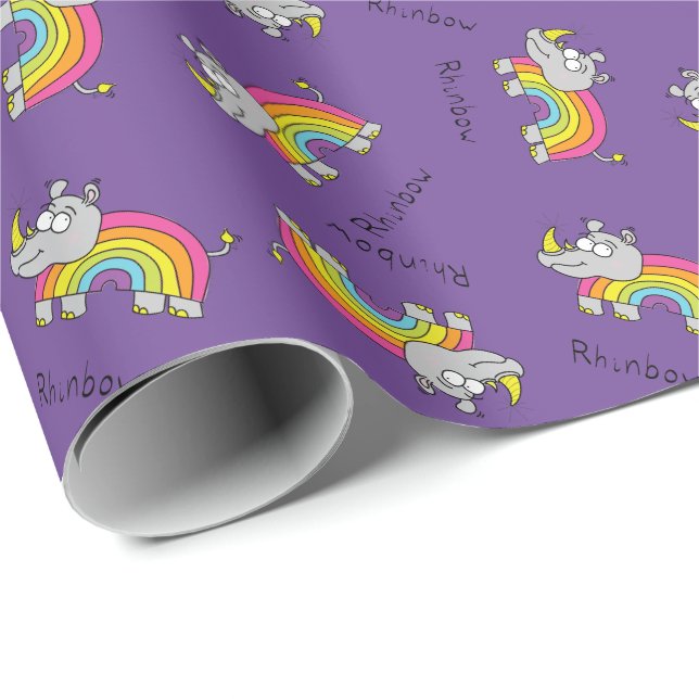 Papier Cadeau Rhino Rainbow Cute Kids Rhinoceros (Coin rond)
