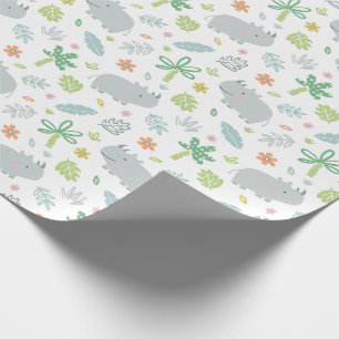 Papier Cadeau Rhinos jungle mignonne avec palmiers et feuilles b