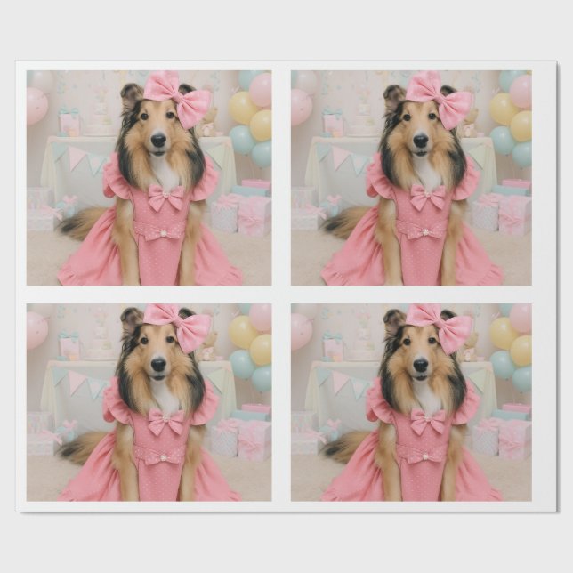 Papier Cadeau Robe rose sheltie (Plat)