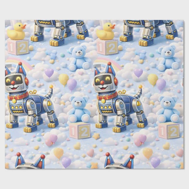 Papier Cadeau Robot chiot et nounours rose (Plat)