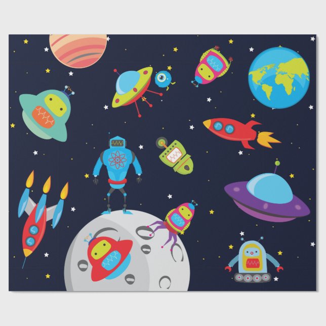 Papier Cadeau Robots en papier d'emballage d'espace (Plat)