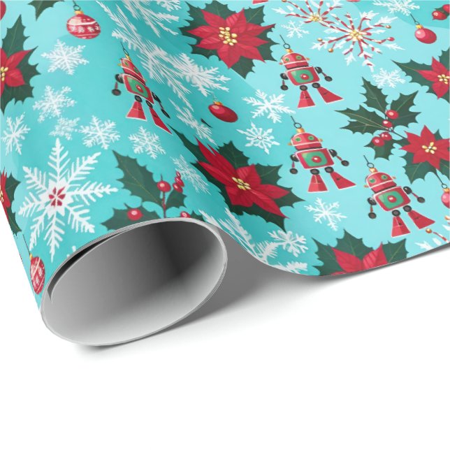 Papier Cadeau Robots Sci-Fi de Noël rétro Ornements Bleu (Coin rond)