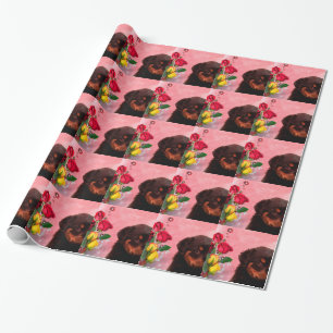 Papier Cadeau Robuste Chiot avec Fleurs Rouge et Jaune