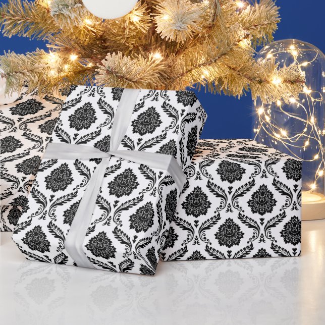 Papier Cadeau Rococo Damassé Rpt Motif Noir sur Blanc (Vacances)