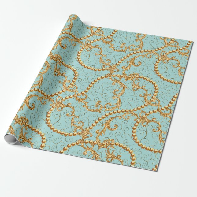 Papier Cadeau Rococo éléments dorés sans couture motif. Texte or (Déroulé)