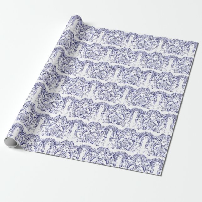 Papier Cadeau Rococo Motif baroque bleu et blanc (Déroulé)