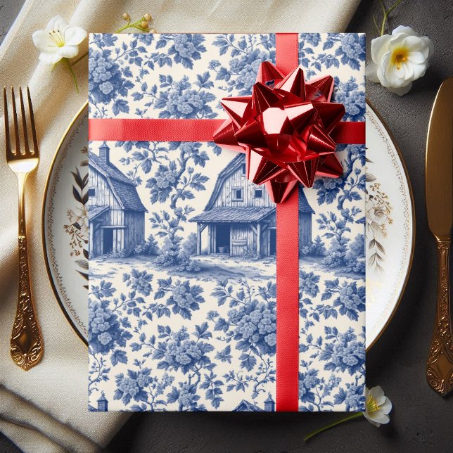 Papier Cadeau Rococo Ornate French Toile Floral Blue Rustic Barn (Rococo Ornate French Toile Floral Blue Rustic Barn Wrapping Paper)