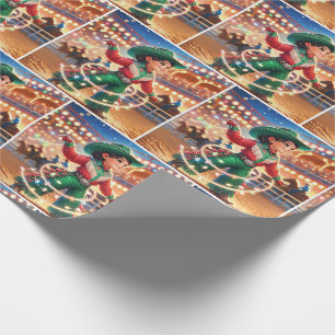 Papier Cadeau Rodeo Cowgirl Kid Twirling lumières de Noël