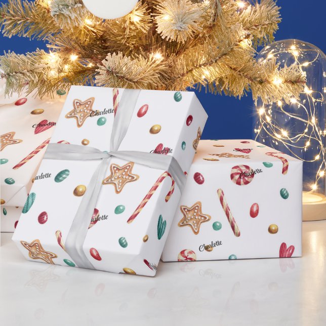 Papier Cadeau Roll, Nom sur Whimsy Holiday Candy Motif (Vacances)