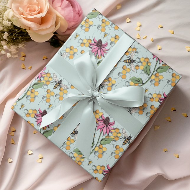Papier Cadeau Romantique Aqua Queen Bee, peigne de miel & Fleurs (Elegant Hand-Drawn Buzzing Queen Bee, Honeycomb & Pink Exotic Flower Gift Wrap for Nature Lovers.)