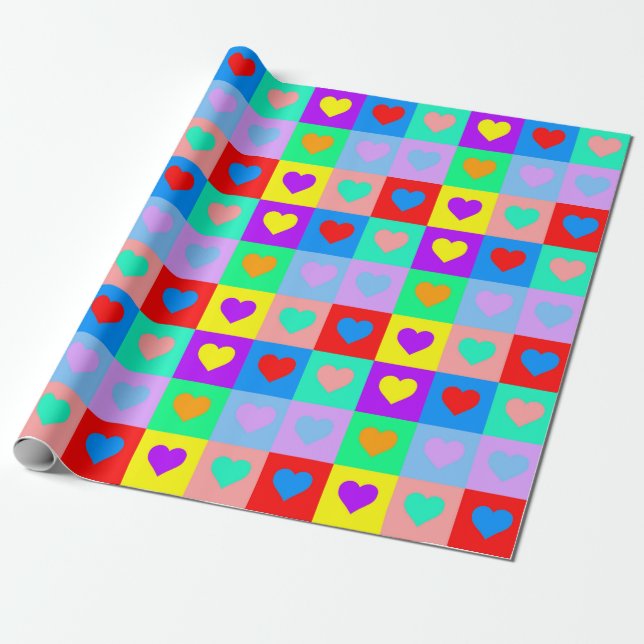 Papier Cadeau Romantique Pop Art Colorful Heart Motif (Déroulé)