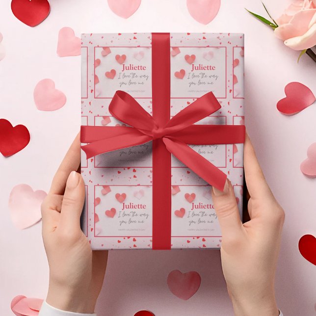 Papier Cadeau Romantique rose et coeur rouge Saint Valentin (Romantic Pink and Red Heart Valentine's Day Wrapping Paper)