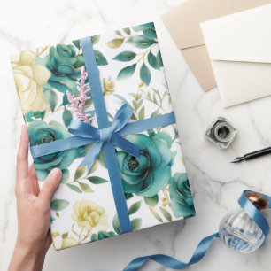 Papier Cadeau Romantique Turquoise Green Cream Rose Floral
