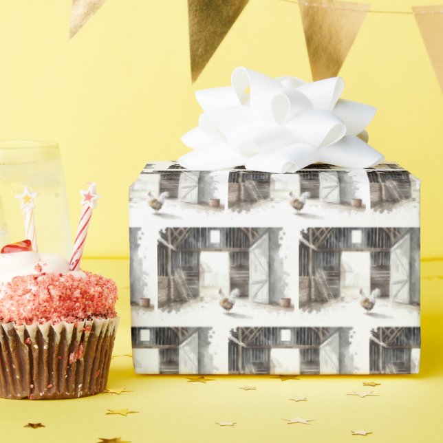 Papier Cadeau Rooster d'aquarelle dans une grange (Fête d'anniversaire)