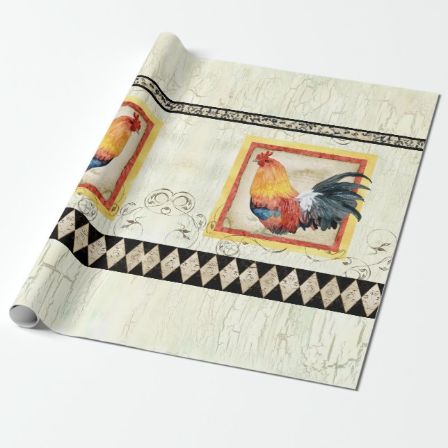 Papier Cadeau Rooster rustique Aquarelle Arlequin bois Découpage (Déroulé)