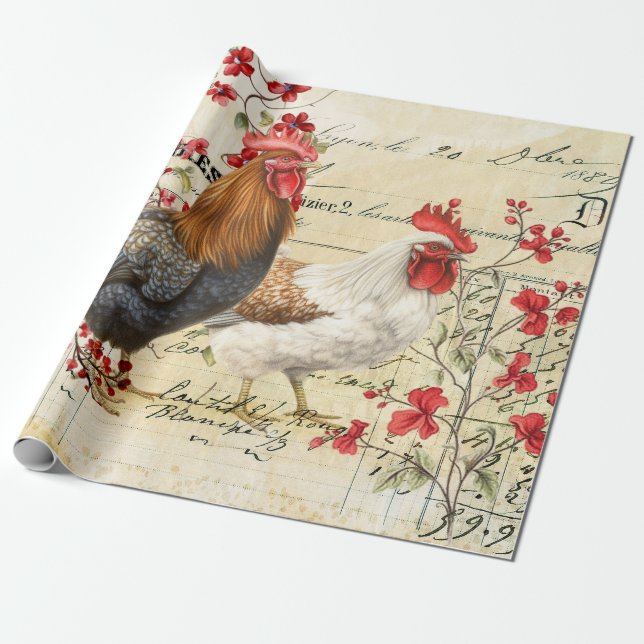 Papier Cadeau Rooster vintage et Découpage Hen Ephemera (Déroulé)