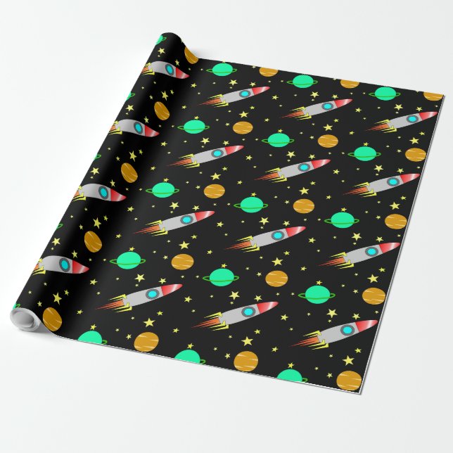 Papier Cadeau Roquettes, Astéroïdes et planètes dans l'espace (Déroulé)