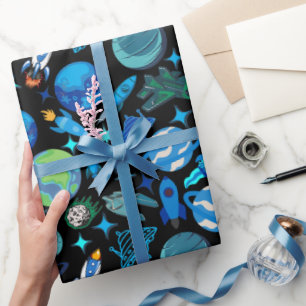 Papier Cadeau Roquettes rétro dans l'espace.BG Noir