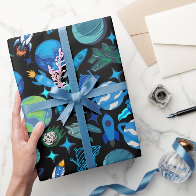 Papier Cadeau Roquettes rétro dans l'espace.BG Noir (Cadeaux)