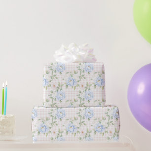 Papier Cadeau Rose à Carreaux Bleu Teint Floral Anniversaire