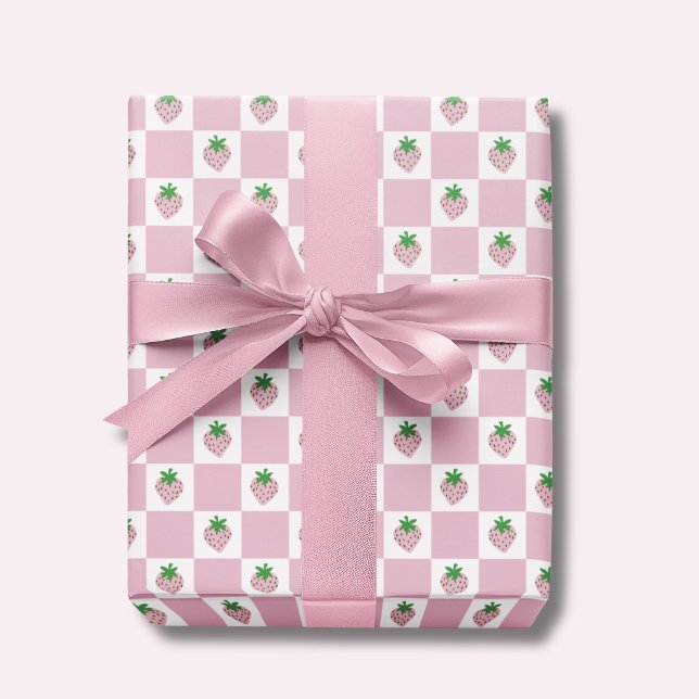 Papier Cadeau Rose à carreaux rose d'été (Pink strawberry checkerboard wrapping paper. Ideal for girls birthday gifts and baby showers.)