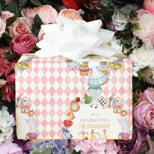 Papier Cadeau Rose Alice au pays des merveilles 7e anniversaire 